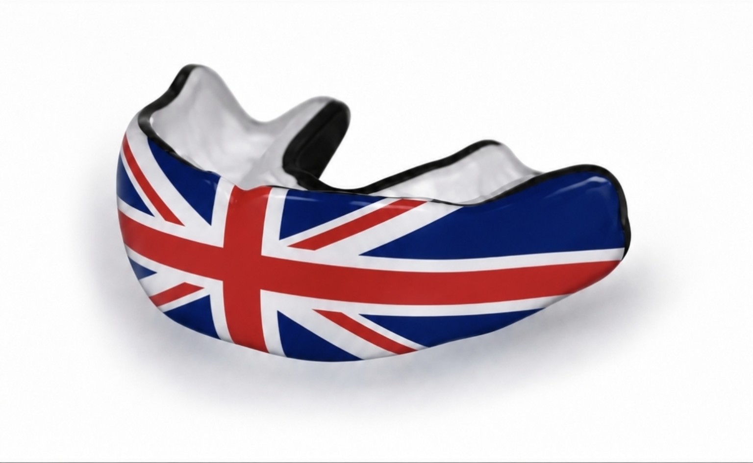 Sports mouthguard with a red, white and blue Union Jack design